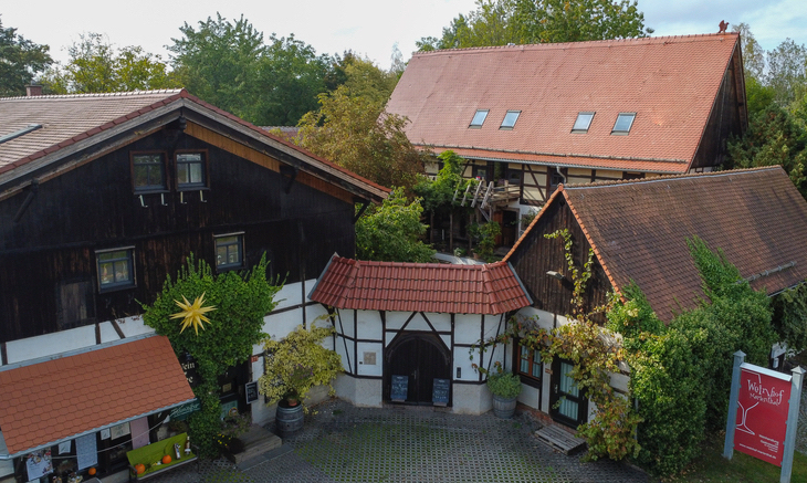 Ein Teil des Weinhofs mit Weinblätter im Vordergrund und ein Gebäude inklusive Balkon im Hintergrund. In der Mitte steht eine Kastanie und auf der Mauer stehen Blumentöpfe.